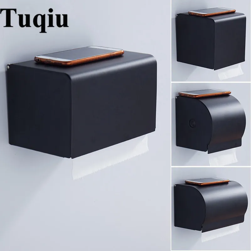 

Vidric Wall Mounted AluminumToilet Paper Holder Bathroom Accessories Fixture Black Carved Roll Paper Holders with Phone Shelf