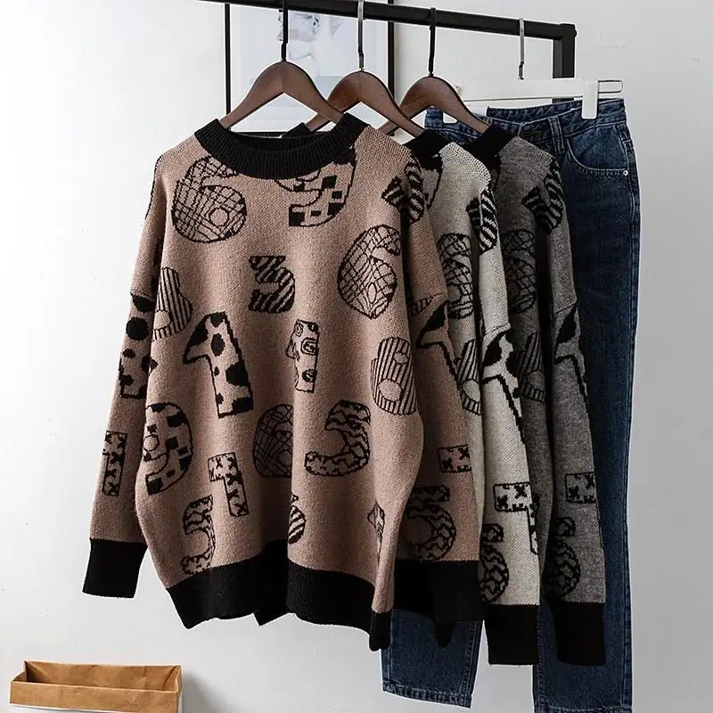 

Letters Print Number Long Sleeve Loose Sweater Women Fashion Oversized Pullover O-Neck Christmas Sweater