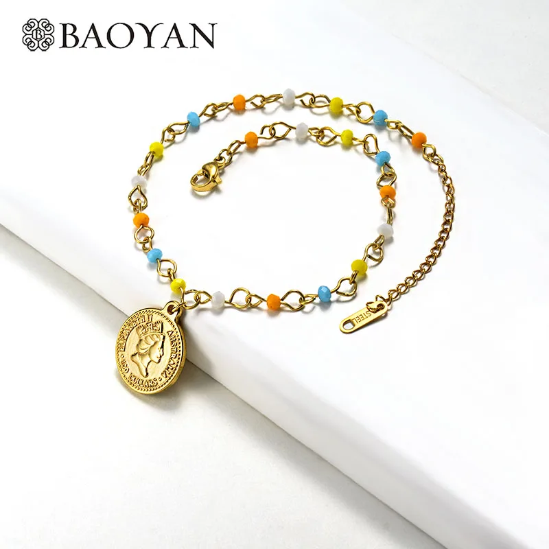 Baoyan, модный браслет из нержавеющей стали, разноцветный, натуральный камень, бусина, цепь, браслеты, Золотой Рог, монета, очаровательные браслеты для женщин