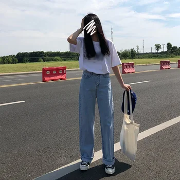 

Women Autumn Korean Style High Waist Jeans Lady Casual Straight Denim Light Blue Jeans Womens Mom Jeans Loose Long Jeans