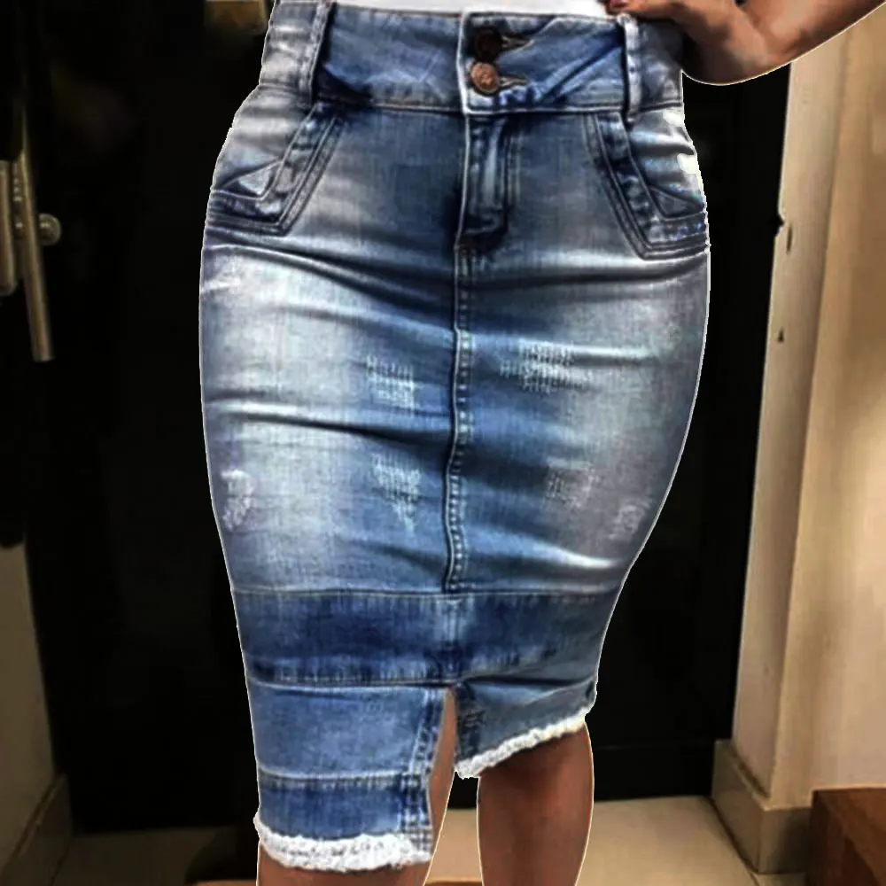 

SFIT Women Casual Denim Midi Skirt Button Autumn Bodycon High Waist Jeans Skirt Knee-Length Lady Blue Pencil Solid Skirt