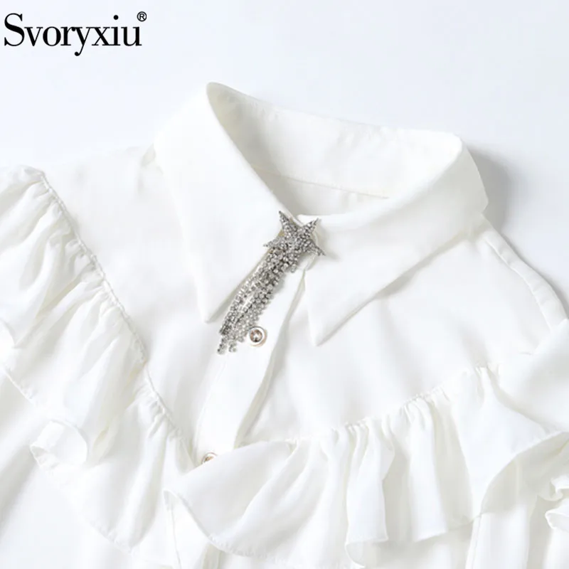 Svoryxiu Women's Runway Skirt Suit Women's Lantern Sleeve Ruffles White Blouse+ Print Jacquard Skirt Elegant Two Piece Set