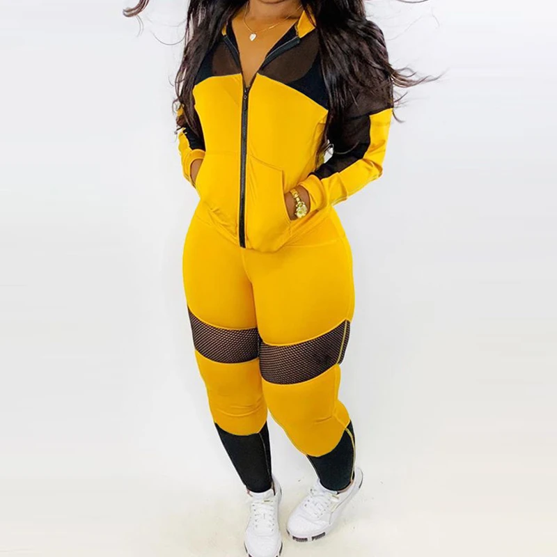 Комплект из 2 предметов в стиле пэчворк, спортивный костюм осень, сексуальный топ с длинными рукавами на молнии и женские спортивные брюки, костюм для бега - Цвет: yellow