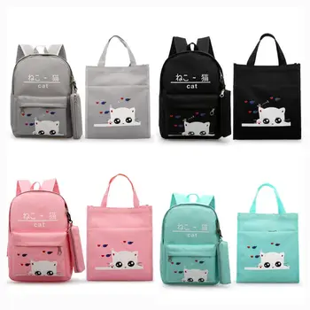 

3Pcs/Set Cute Cat Backpack Laptop Daypack Travel Canvas Rucksack for College Teenager Student with Handbag Pencil Case 35EF