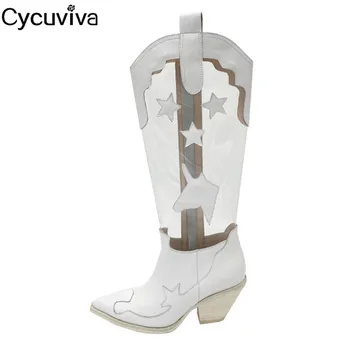 

Desginer Clear Pvc Knee High Boots Women White Leather Knight Boots Runway T-show Shoes Woman Chunky Heels Cowboy Long Boots