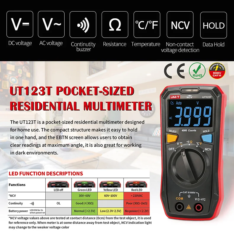 Voltímetro, Temperatura Voltagem Medidor, NCV Freqüência Capacitância Ohm Tester