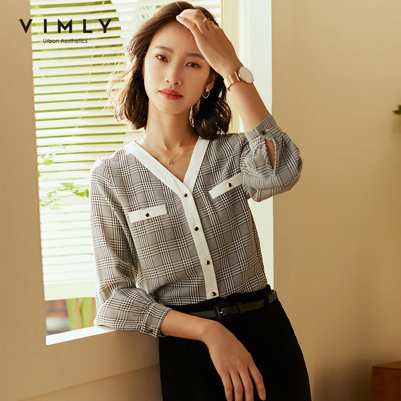Chiffon Shirt Vimly Lantern-Sleeve Women Blouse Blusas Vintage Elegant V-Neck Feminina