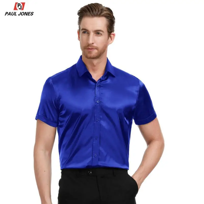 PAUL JONES Men's Slim Fit Solid Satin Dress Shirt Summer Short Sleeve Silk Like Shirt Tops Casual Square Collar Shirts PJ0199