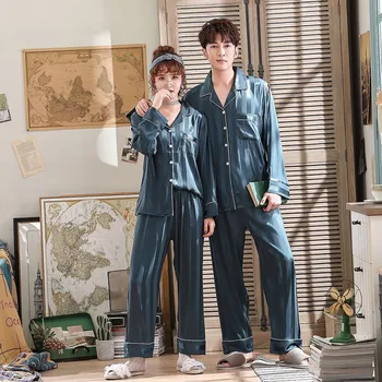 

Couple Faux Silk 2PCS Pajamas Set Casual Turn-down Collar Nightwear Loose Home Clothes Spring Autumn New Striped Print Sleepwear