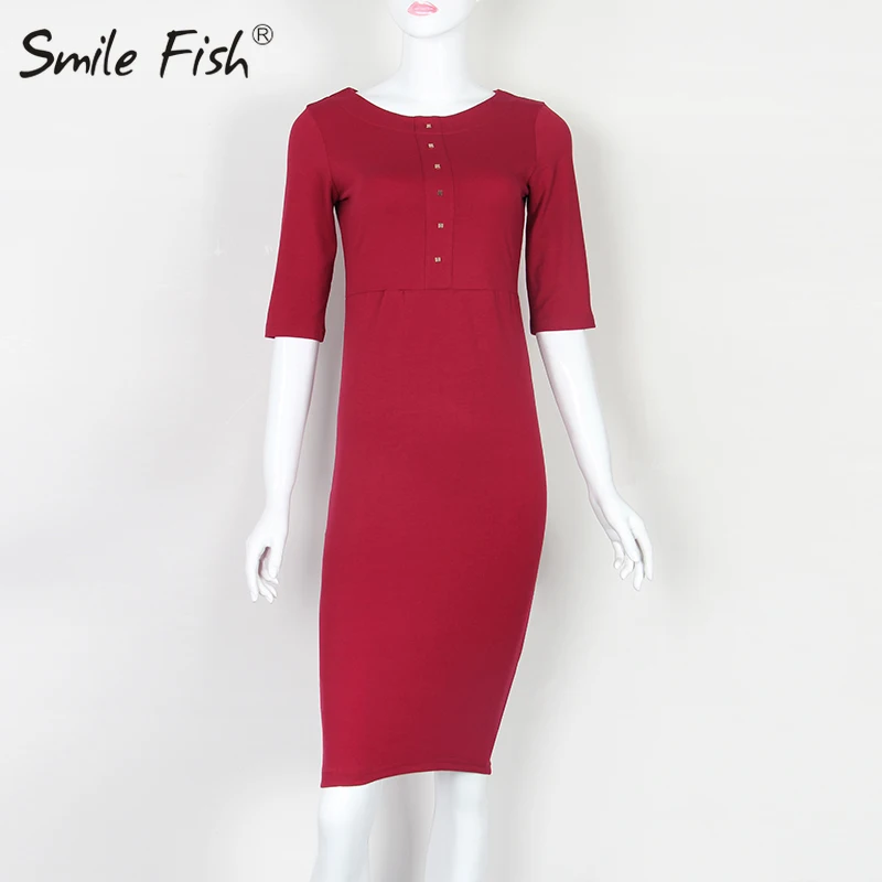 Solid Buttons Bodycon Women Dress Elegant Office Vintage Sheath Midi Dresses Femme O-Neck Fitness Package Hip Dress GV1023