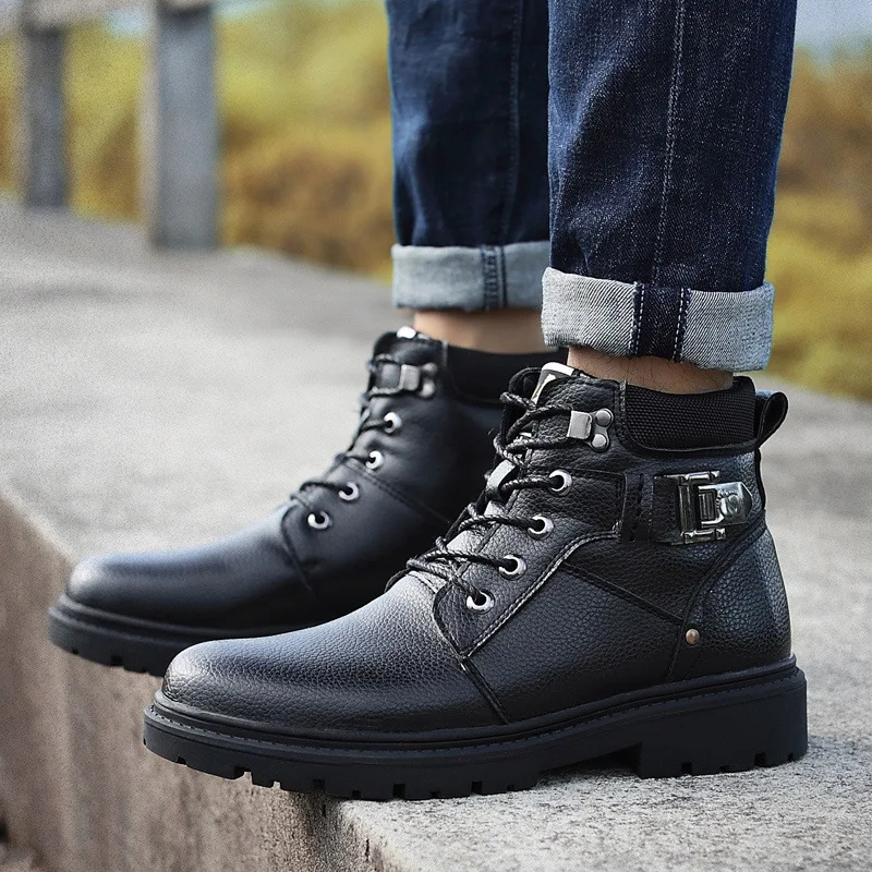 

Martin Boots Men's Genuine Leather Mid-top Short Boots England plus Velvet Warm Cotton Boots Men High Shoes Winter Snowfield Arm