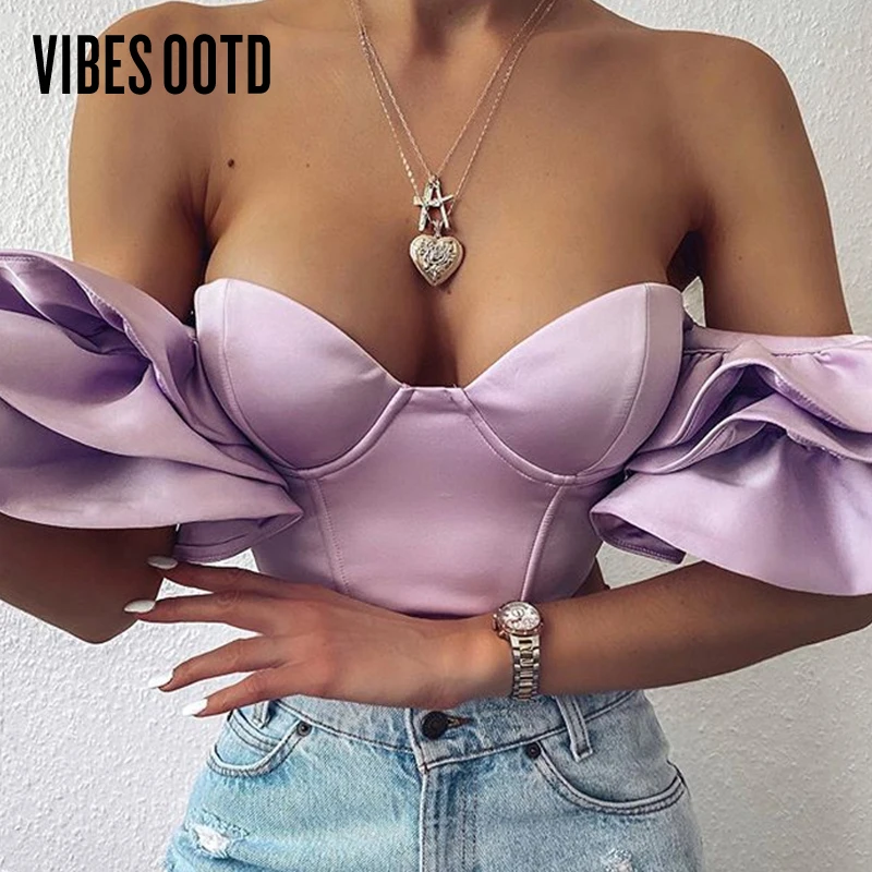 

VIBESOOTD Satin Bustier Corset Top and Shirts Blouses Women Ruffles Off Shoulder Backless Crop Tops Blusas Mujer Plus Size