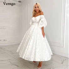 

Verngo Princess Full Lace A Line Wedding Dresses 2021 Off the Shoulder Puff Long Sleeves Ankle Length Bridal Gowns Custom