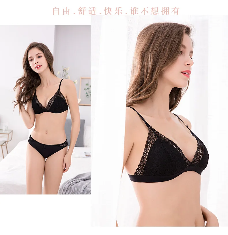 French Style Sexy Padded Lace Bralette Top For Woman Wire Free Seamless Adjusted Brassiere Lingerie Deep V Lace Bras