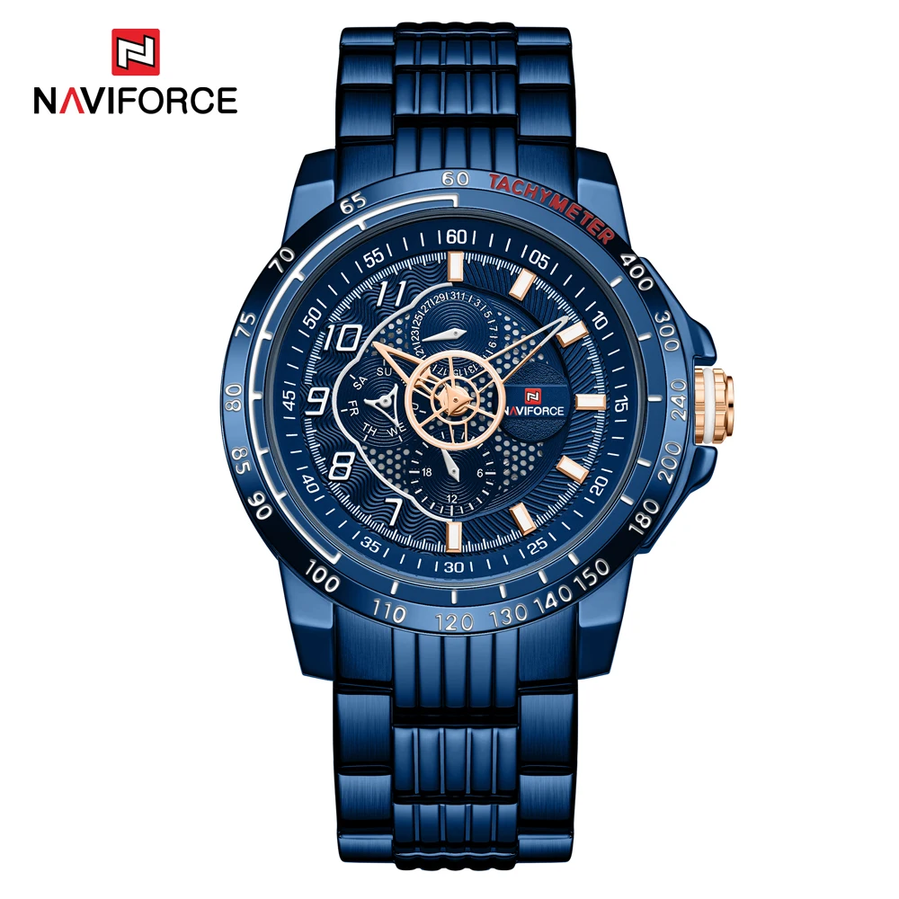 NAVIFORCE новые модные мужские часы золотые кварцевые наручные часы мужские многофункциональные золотые наручные часы Мужские часы Relogio Masculino - Цвет: Blue