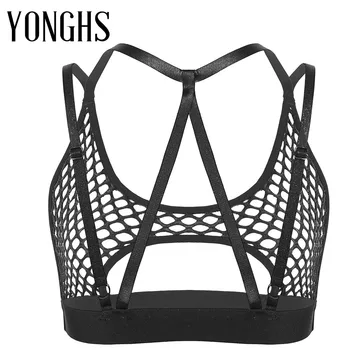 

Womens Pole Dance Rave Top Hollow Out Fishnet Halter Neck Crisscross Back Cutout Underboob Music Festival Rave Vest Crop Tops