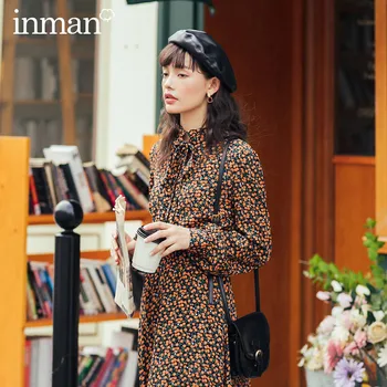 

INMAN 2020 Autumn Winter New Arrival Elegant Lady Retro Artsy Style A Line Tie Collar Fit Waist Long Sleeve Women Dress