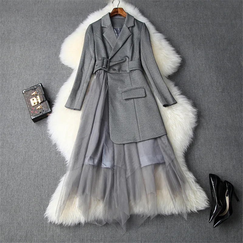 Дизайнерское платье для подиума; сезон осень-зима; женская одежда; элегантное офисное платье с длинными рукавами и вырезами; блейзер в стиле пэчворк; платье миди из тюля; вечерние платья - Цвет: Серый