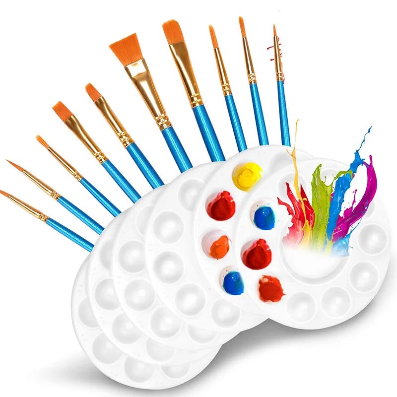 10 Pcs Paint Brushes Set with 6 Palettes Trays Plastic for Kids DIY Craft Art Painting Round Pallets | Канцтовары для офиса и