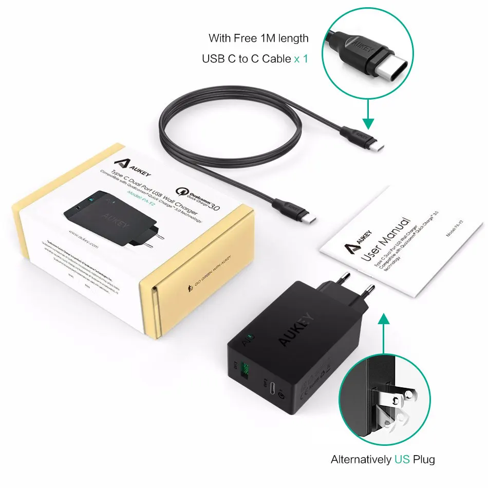 AUKEY Quick Charge 3,0 2USB зарядное устройство для телефона для путешествий быстрое настенное зарядное устройство для банк питания для мобильного телефона двойной USB для путешествий бесплатный быстрый кабель C