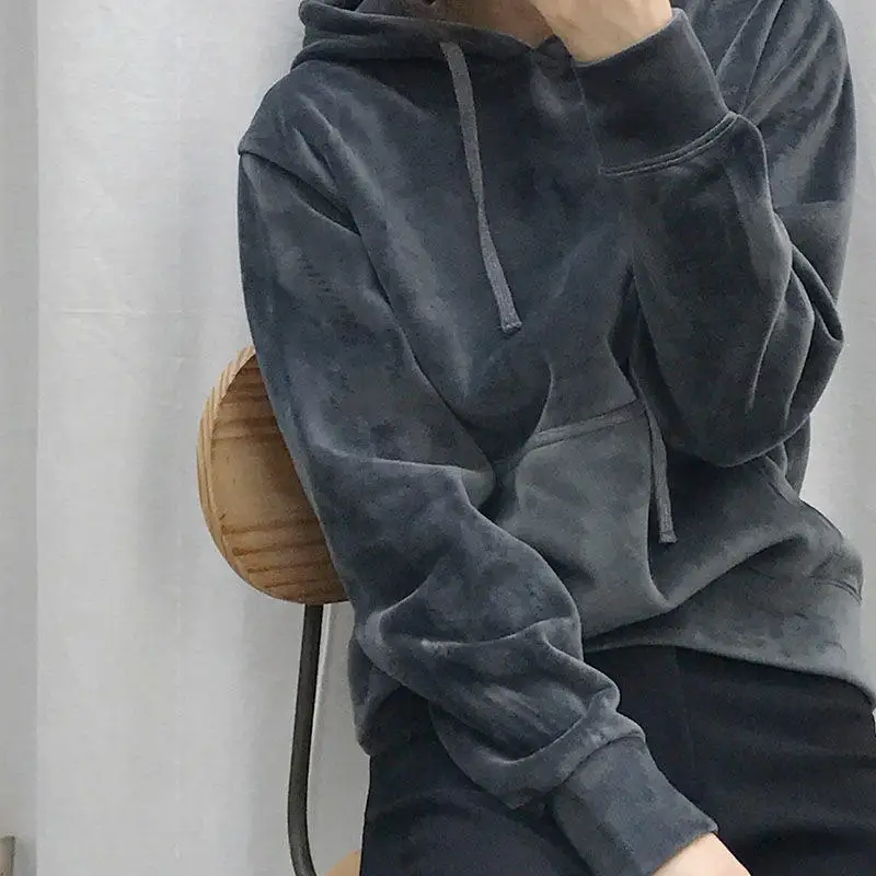 Золотистая бархатная толстовка, женские толстовки, свободные, Harajuku, Осень-зима, с длинным рукавом, теплые толстовки, женские, BF, с капюшоном, женская одежда, Q2097