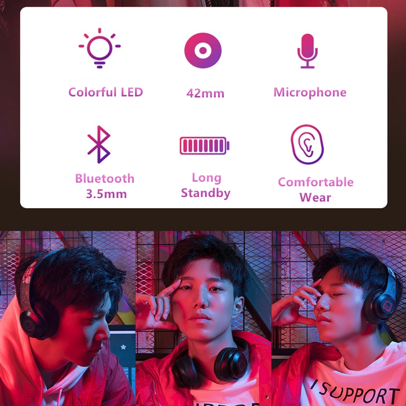 Wireless Bluetooth Headphones LED Luminous Earphone Head Mounted Foldable Deep Bass Sports Gaming Headsets For Mobile PC