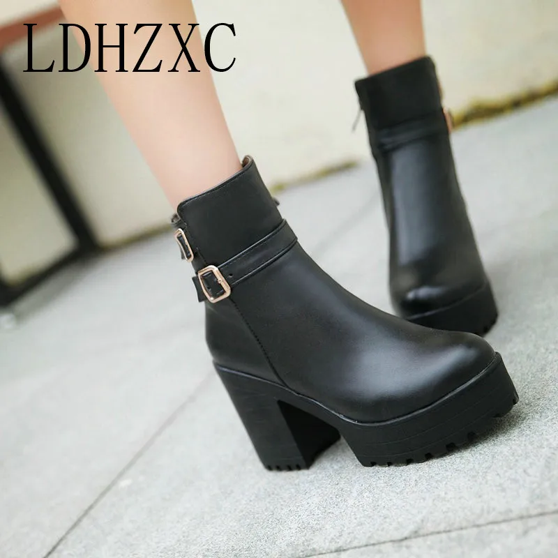 

LDHZXC Brand Designers 2019 New Autumn Winter Boots Women Shoes Black High Heels Boots Lacing Platform Ankle Boots Chunky Heel