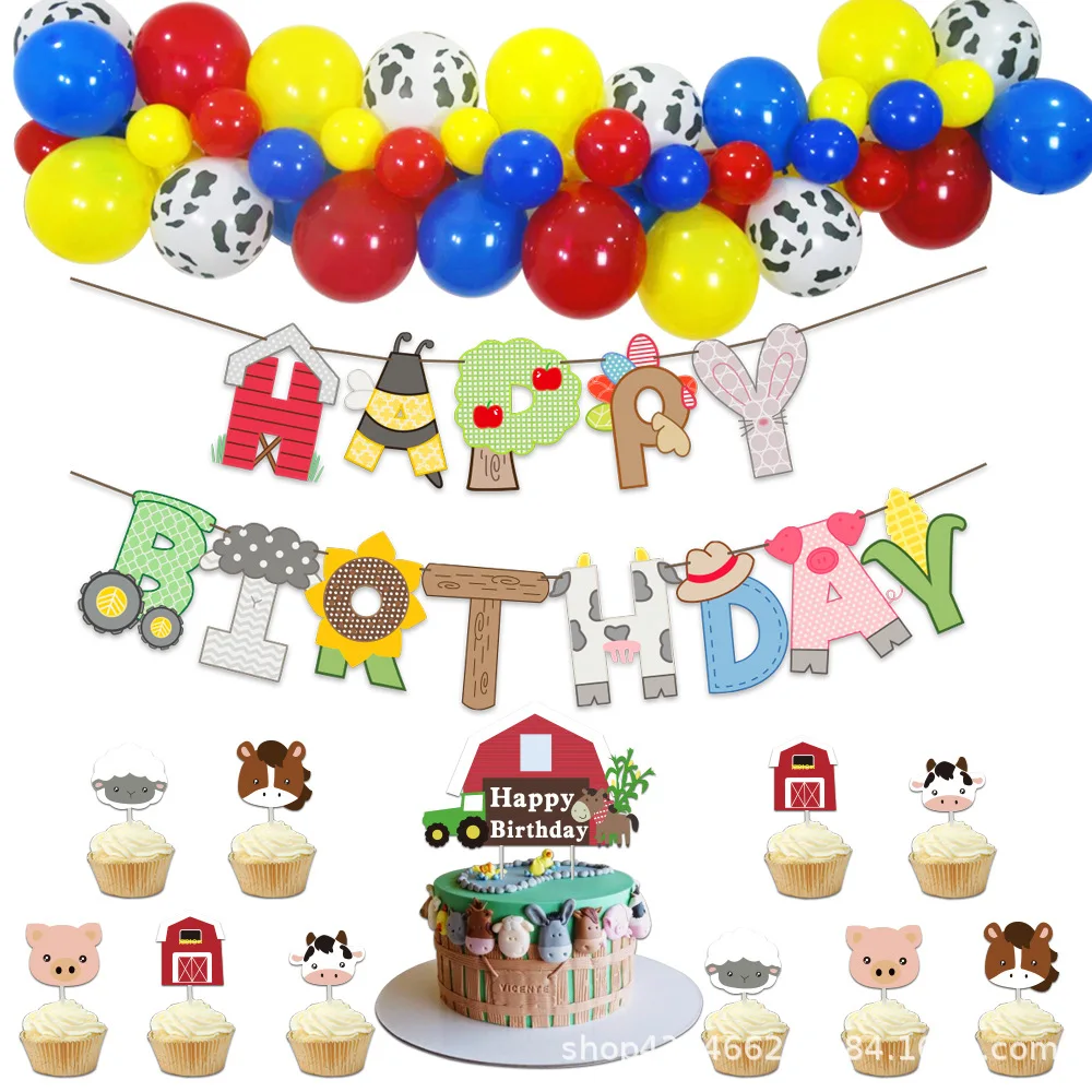 Farm Birthday Theme Balloon Chain Paper Banner Cow Bee Sheep Pig Horse Rabbit Cake Topper for Boy Girl Party Decoration | Дом и сад