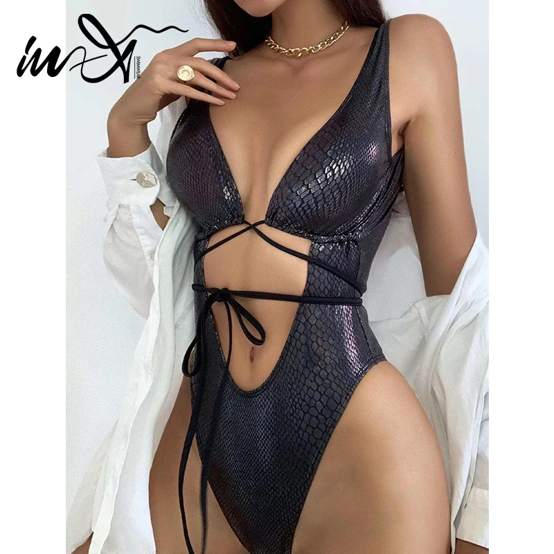 Backless Bodysuit Bandage Monokini Snakeskin Hollow-Out Women Largesize In-X
