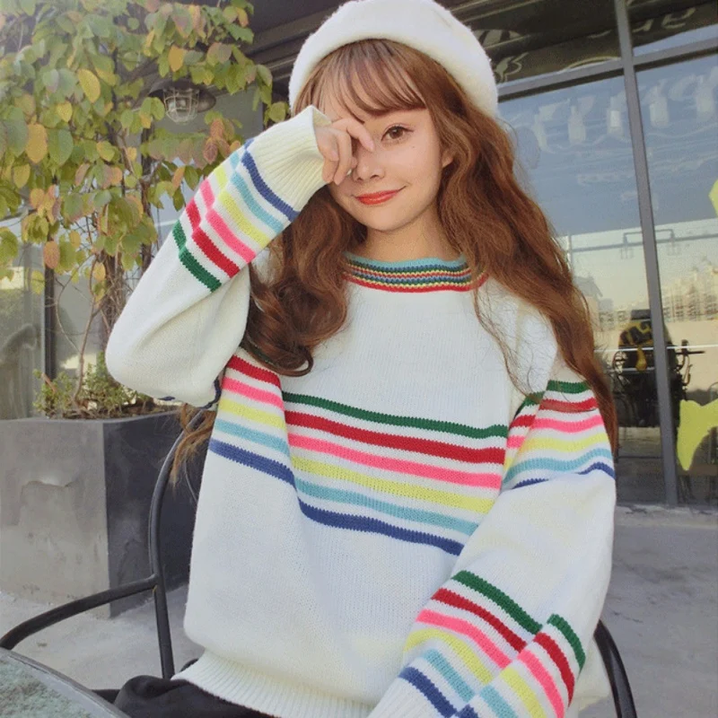 Striped Sweater Women Autumn Loose Casual Sweater Warm Knitted Korean Version Tops Long Sleeve O-Neck Pullover Tops Striped Sweater Women Autumn Loose Casual Sweater Warm Knitted Korean Version Tops Long Sleeve O-Neck Pullover Tops