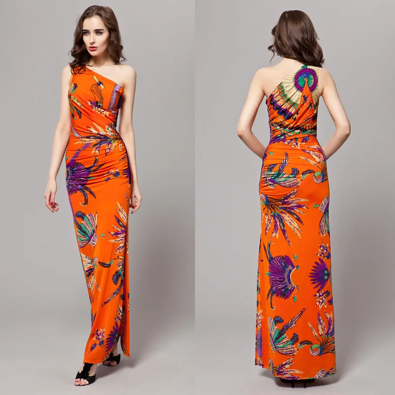 

Ck178 New Products Printed Elasticity Waist Hugging Slimming-One-Shoulder-High Slit Evening Gown Annual General Meeting Host