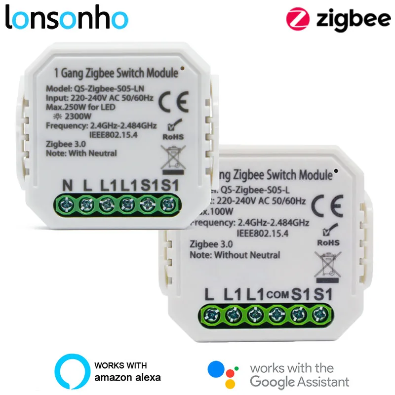 Lonsonho Tuya Zigbee умный модуль переключателя No /With нейтральный ЕС 220 В 2-сторонний