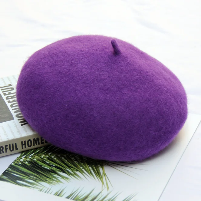 Women wool hat autumn winter thick beret lady autumn winter British painter cap version of the pure color of the bud cap - Цвет: Фиолетовый