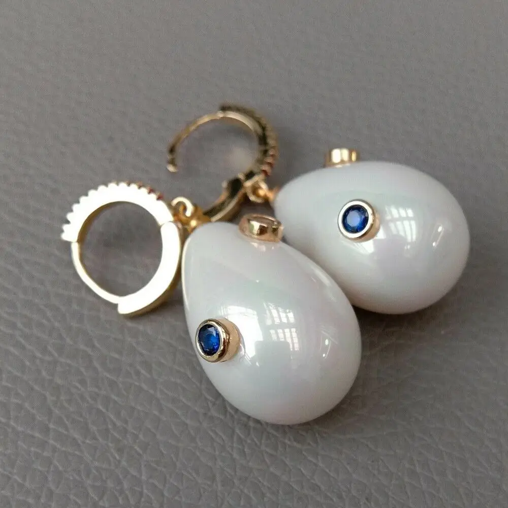 Teardrop White Sea Shell Pearl Mixed color Cz Pave Lever back Earrings