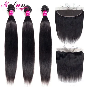 

Nafun Malaysian Straight Hair Bundles With Closure Human Hair Bundles With Frontal Non-Remy Lace Frontal Closure Middle Ratio