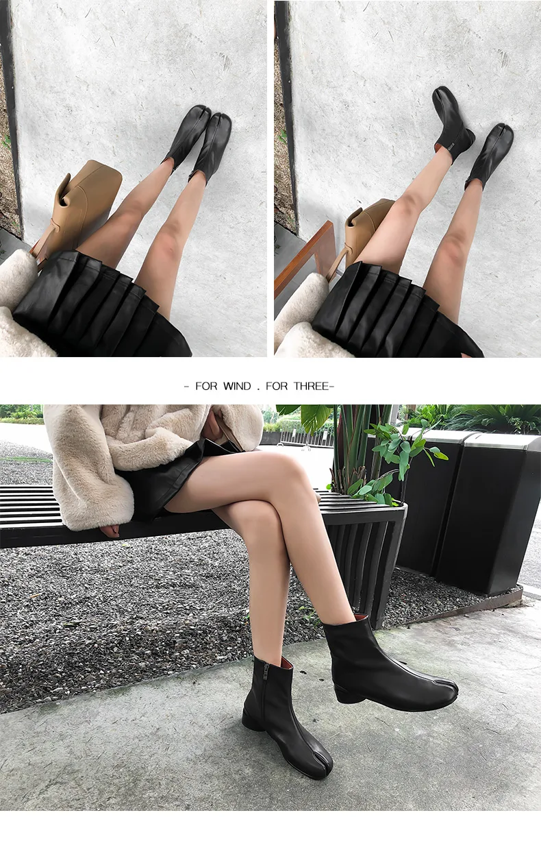 Модные дизайнерские женские ботильоны желтовато-коричневый Сплит носок натуральная кожа из мягкой воловьей кожи с круглым каблуком с коротким шикарным замочком Обувь, Большие размеры Дамская обувь