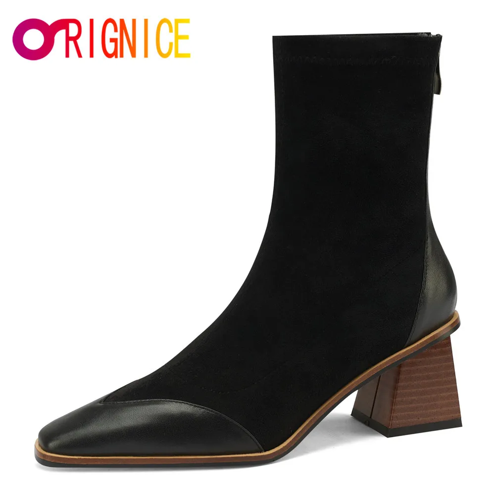 

Orignice Cow Leather Faux Suede Patchwork Autumn Winter Ladies Zipper Square Toe Ankle Boots Low Heel Shoes Plus Size 34-43