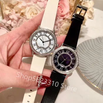 

Fashion geometric circle calendar Dial watch Full zircon Quartz watch Date clock Female all crystal Genuine leather Wristwatch