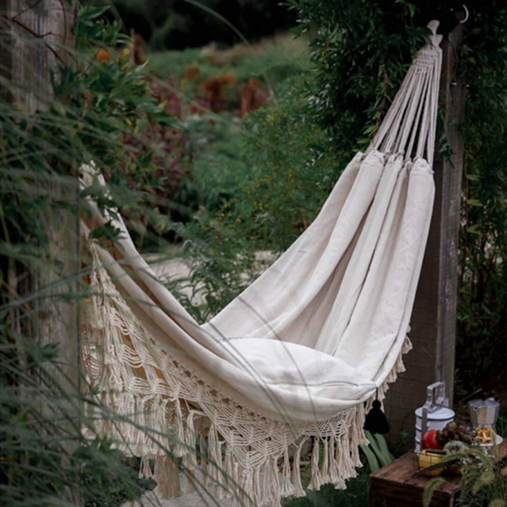 Outdoor Garden Hammock Tassel Canvas Swing Chair Hanging Bed Hiking Camping Hunting Foldable Hammock Photo Props 4