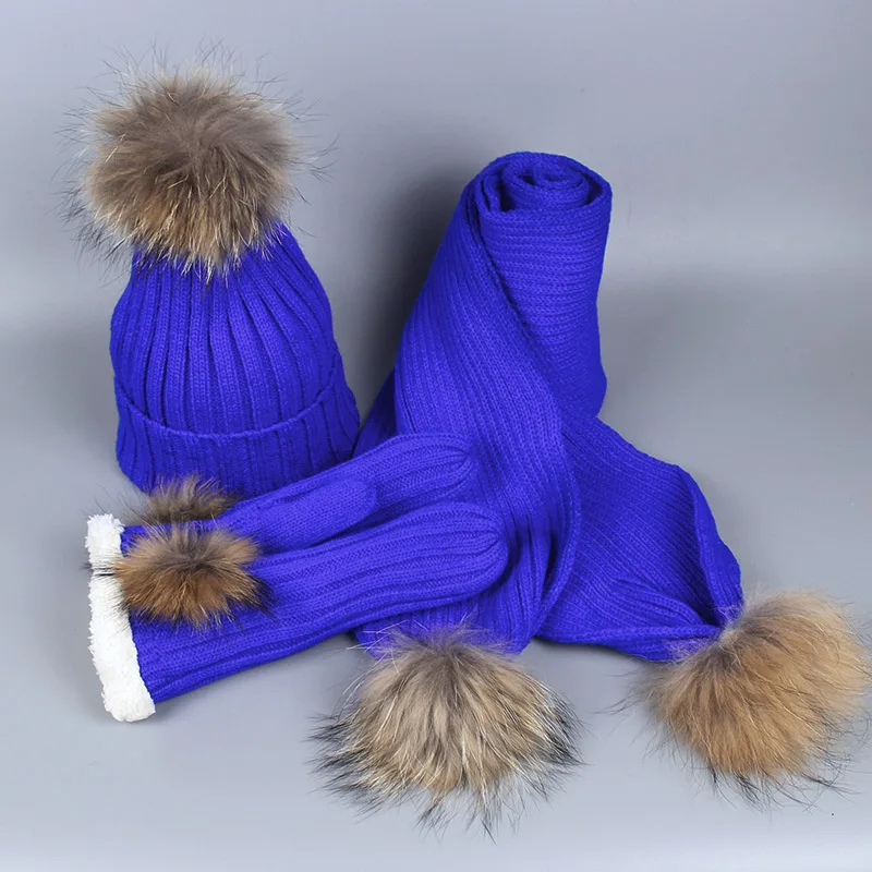 Зимний теплый натуральный мех помпон Шапочка-шарф перчатки набор для мужчин и женщин вязаная теплая плотная вязаная шапочка шапки наборы перчаток унисекс 3 шт - Цвет: E