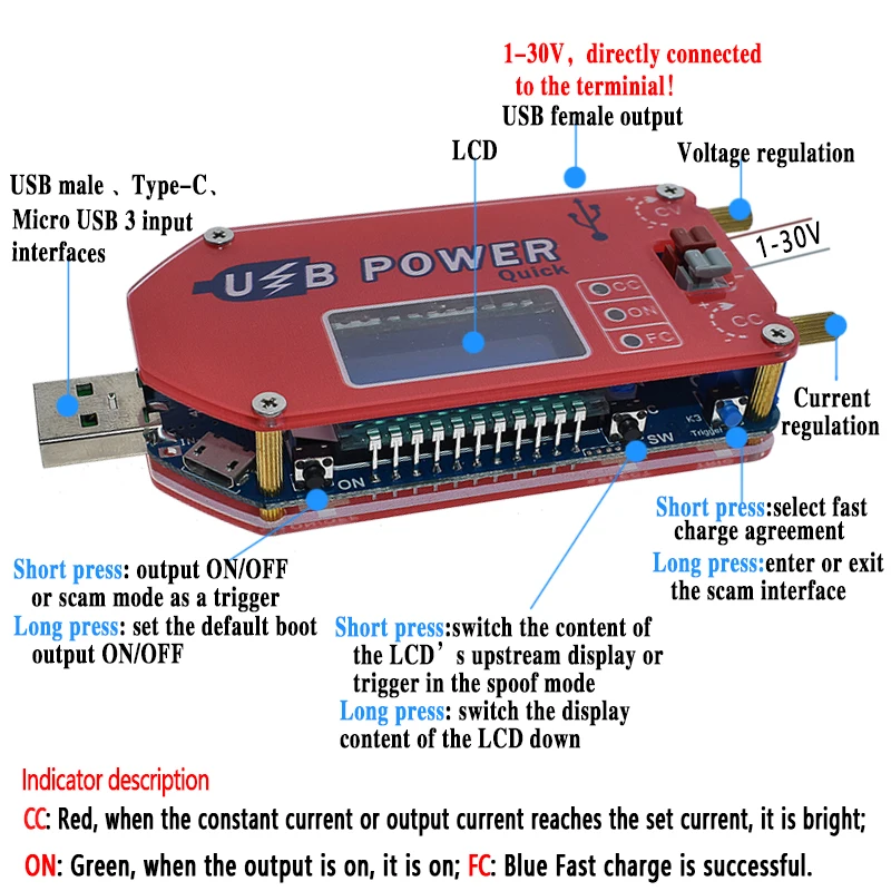 AEAK DP3A цифровой дисплей USB регулируемый силовой модуль постоянного тока 1-30 в 15 Вт QC 2,0 3,0 FCP quick charge лабораторный блок питания регулятора