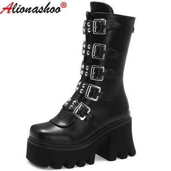 

Aliona Shoo New Sexy Metal Buckle Women Leather Autumn Boots Block Heel Gothic Black Punk Style Platform Shoes Female Footwear
