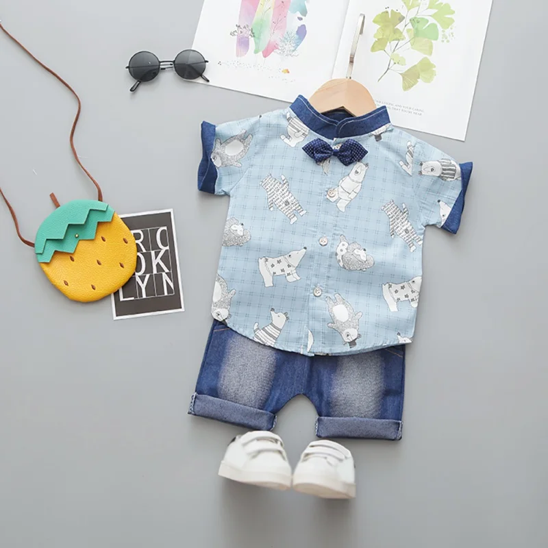 

2020 Children Summer Boys Cartoon Print Short Sleeve Stand Collar Blouse Casual Tops+Solid Color Shorts
