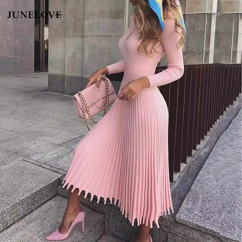 JuneLove вязаное зимнее платье с длинным рукавом женское осеннее облегающее