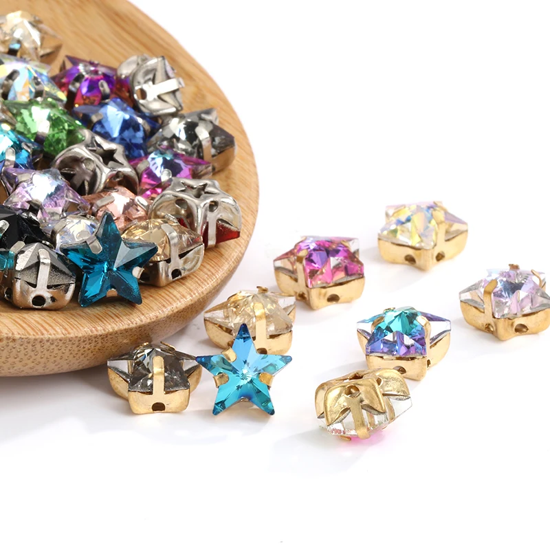 Pipatian Star Crystals Sewing on Rhinestone Beads for Needlework Metal Base Strass Colorful Fabric Decoration Star for Sewing