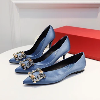 

Plus Size34-42 Women's Shoes Top Quality High Heels Pumps 100% Real Silk Women's Pumps Genuine Leather Crystal Ponited Toe Shoes