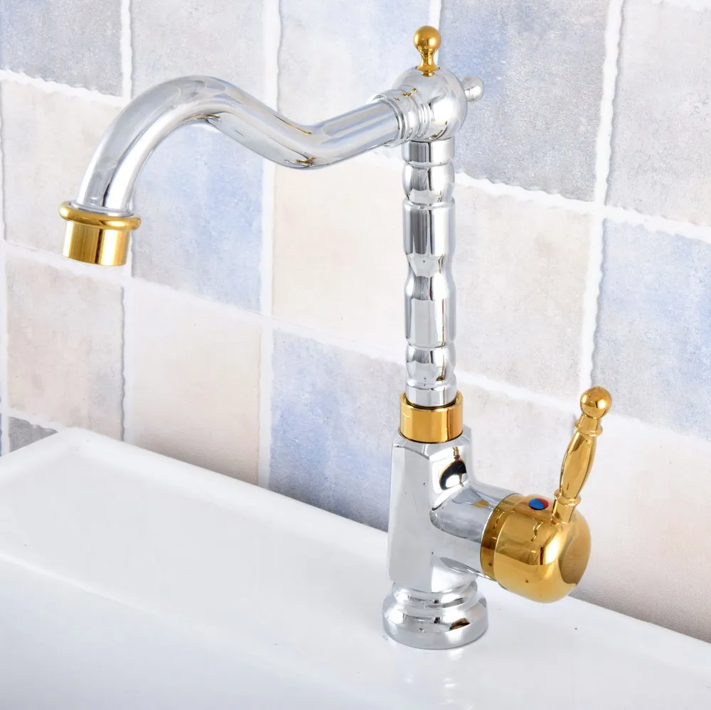 

Polished Chrome & Gold Color Brass Swivel Single Handle Kitchen Wet Bar Bathroom Vessel Sink Faucet Mixer Tap One Hole asf804