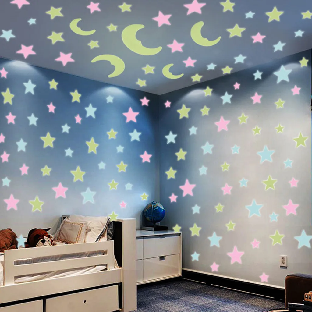 

2019 New 100Pcs Luminous Hybrid Stars Moon 3D Fluorescent Stickers Home Decoration #NN820