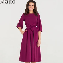 Весенне-летнее однотонное платье трапециевидной формы с рукавом-фонариком, женское элегантное платье с О-образным вырезом и коротким рукавом, с карманами, повседневное винтажное платье Vestidos