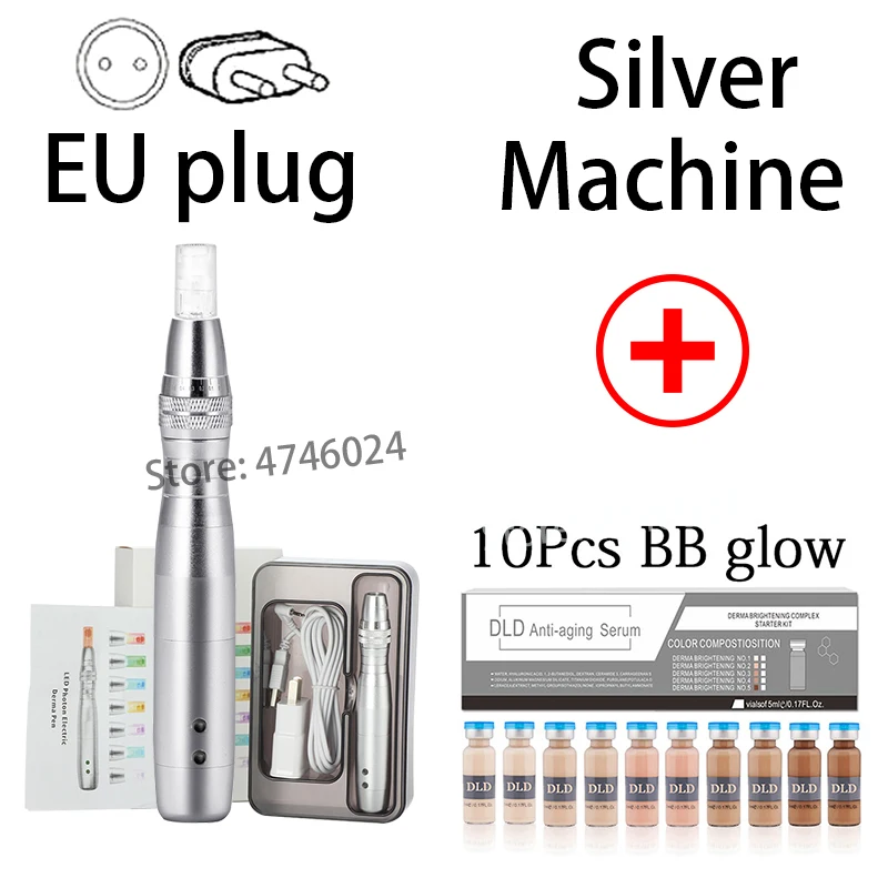 EU Silver Pen Kit 7 цветов светодиодный светильник микроиглы ручка BB крем машина ручка для BB крем ампулы стартовый набор BB крем основа для красоты салон космети - Цвет: EU Silver Pen Kit
